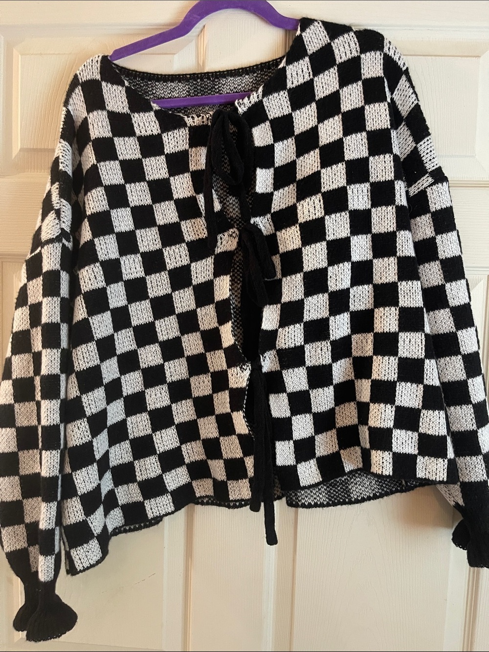 SHEIN Black & White Checkerboard Tie-Front Cardigan